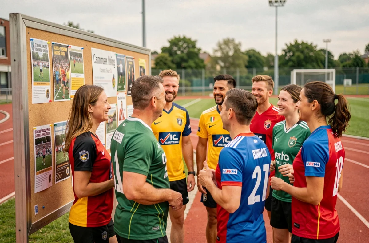 Groupe d'athlètes amateurs en maillots régionaux discutant des actualités sportives locales devant un panneau d'affichage dans un complexe sportif urbain