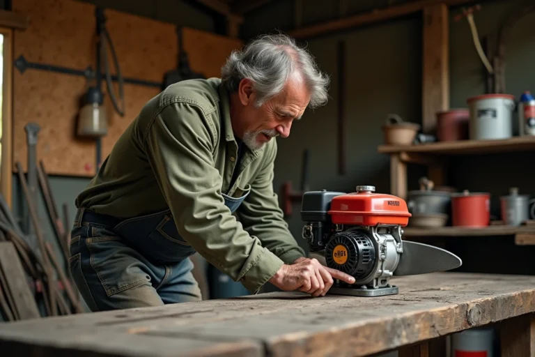 Homme affûtant la lame d'une débroussailleuse avec une lime ronde sur un établi en bois dans un atelier de jardin