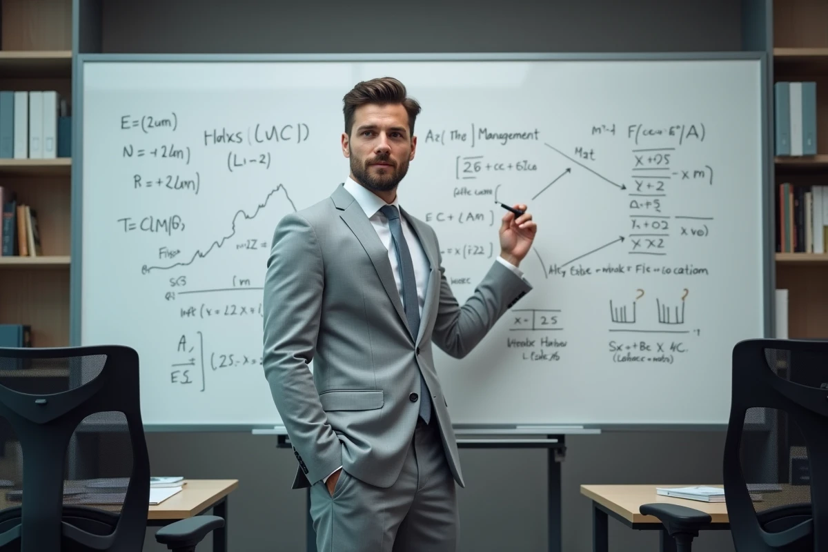 Jeune analyste quantitatif présentant des modèles mathématiques dans une salle de recherche financière après le master El Karoui