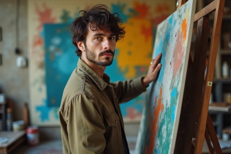 Peintre parisien avec toile colorée dans son atelier