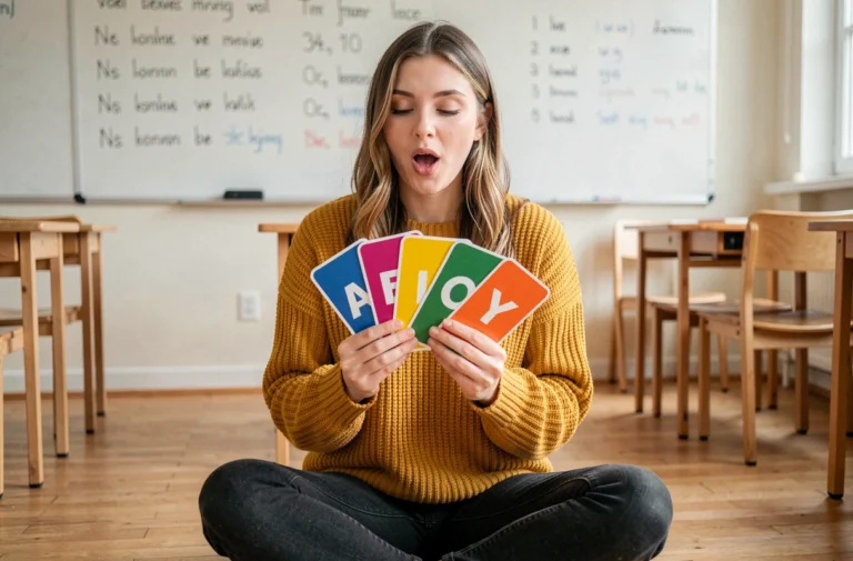 Jeune femme tenant des cartes alphabet colorées avec les voyelles A E I O U Y dans une salle de classe lumineuse