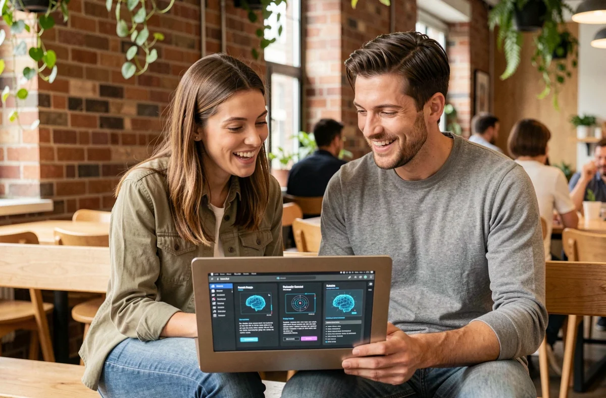 Deux jeunes collègues collaborent sur un prototype d'interface IA sur un ordinateur portable dans un espace de coworking moderne