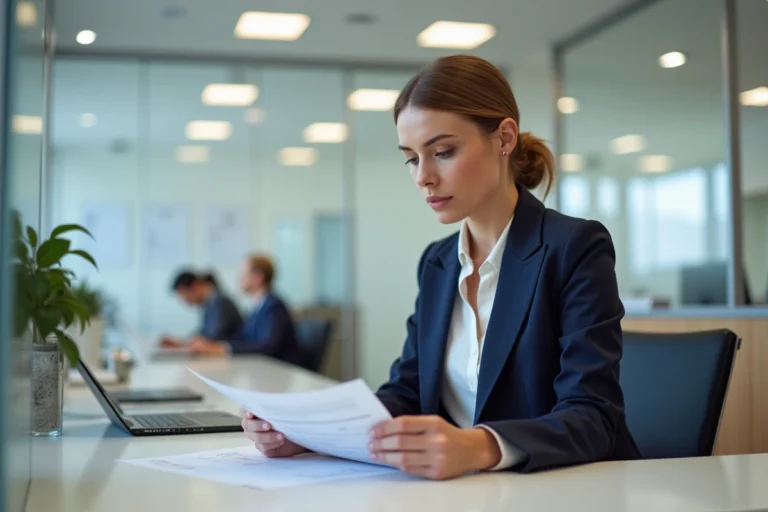 Une conseillère bancaire professionnelle comparant des offres de banques françaises dans une agence moderne