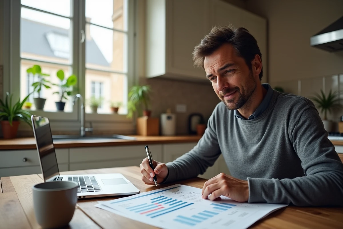 Un homme comparant les meilleures banques françaises depuis chez lui avec un comparatif imprimé et un ordinateur portable