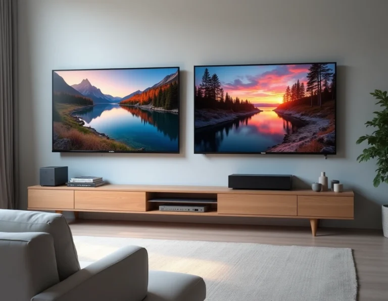 Comparatif de deux téléviseurs ULED et QLED installés côte à côte dans un salon moderne minimaliste