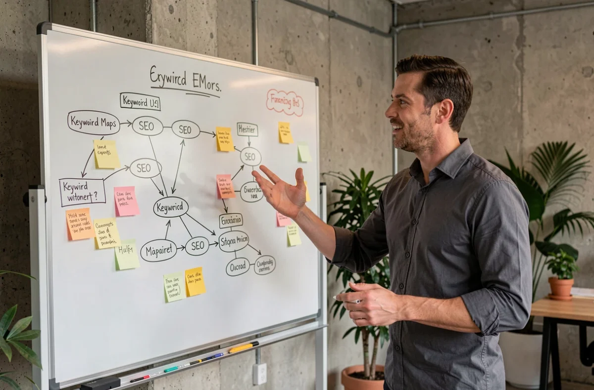 Consultant SEO présentant une stratégie de référencement sur tableau blanc dans une agence digitale rennaise