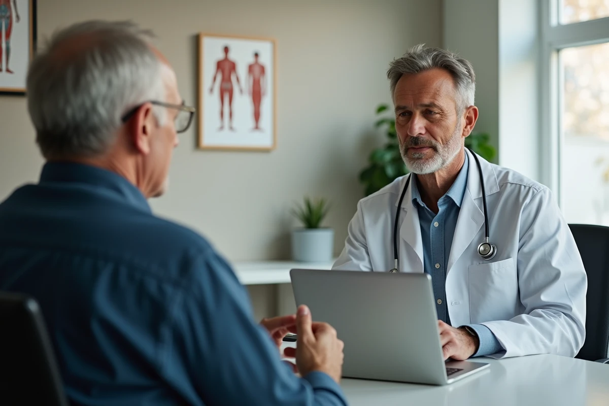 Médecin expliquant les facteurs de risque du diabète à un patient âgé lors d'une consultation médicale, dans un cabinet professionnel