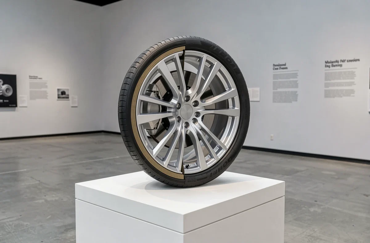 Coupe transversale d'une roue automobile exposée dans un musée des sciences, révélant sa structure interne