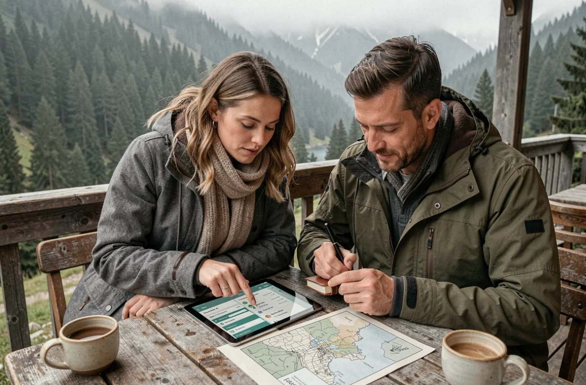 Couple personnalisant leur itinéraire de voyage sur une tablette dans un café en terrasse face à une vallée alpine brumeuse