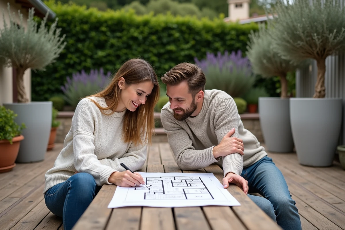 Couple consultant des plans de rénovation sur une terrasse en bois entourée de végétation