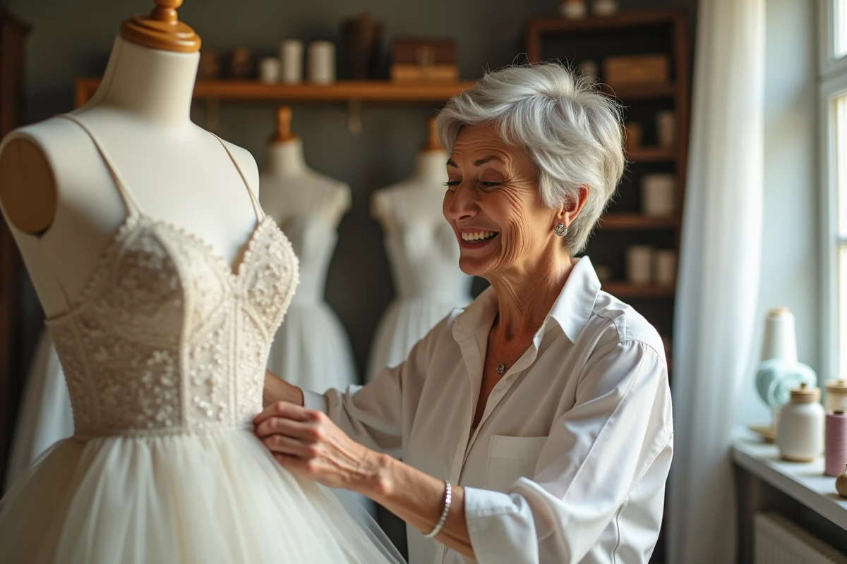 Couturiere ajustant la tulle sur un mannequin dans son atelier