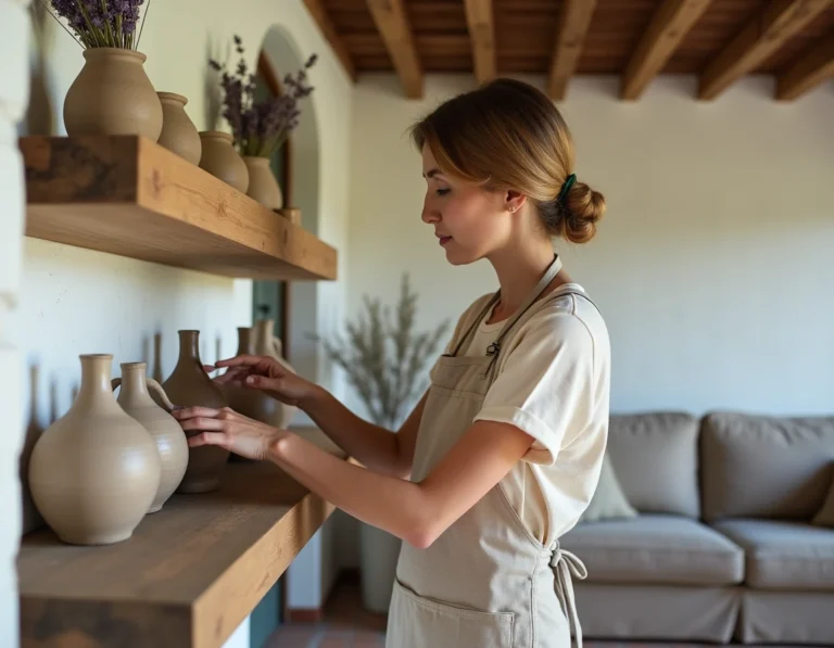 Femme artisane arrangeant des vases en céramique faits main sur une étagère en chêne dans un salon rustique français