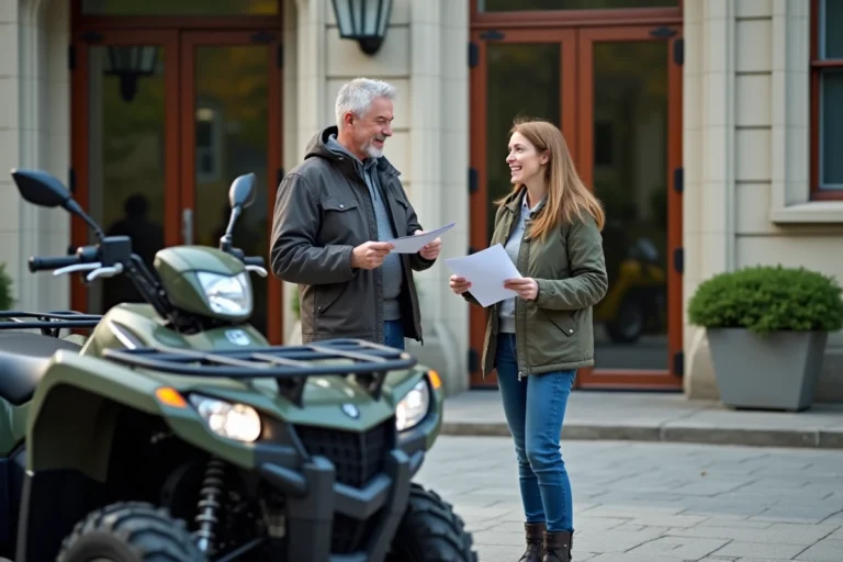Homme et femme discutant de papiers devant un quad