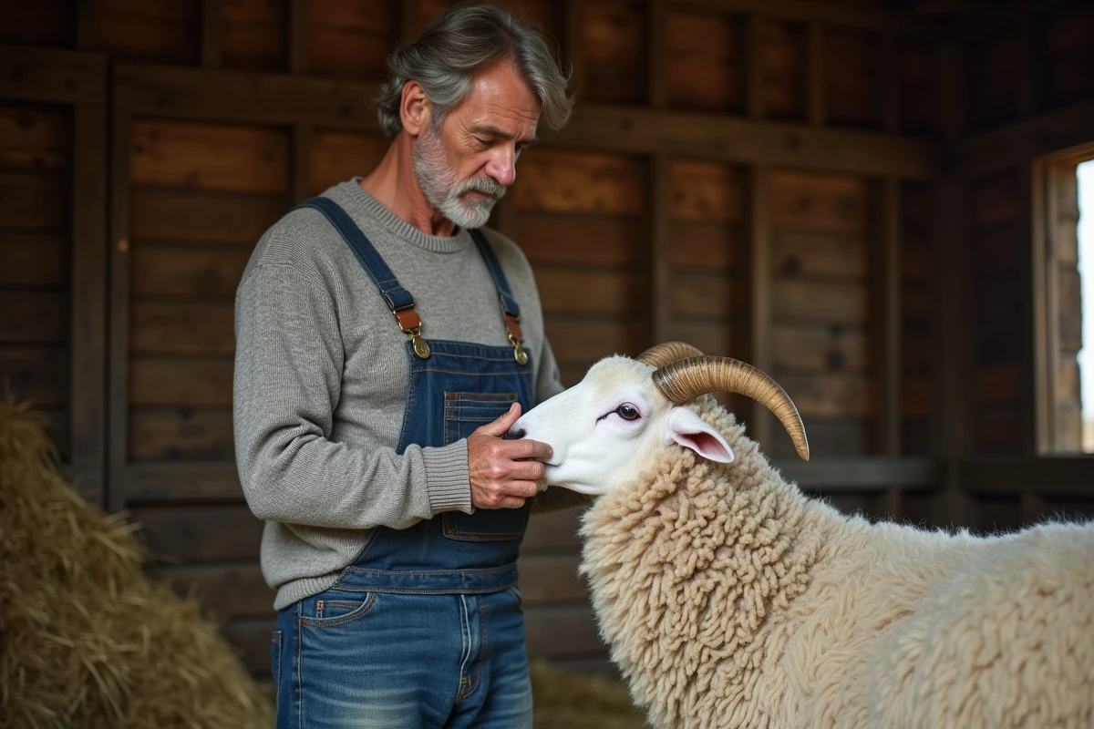 Eleveur de moutons examinant une Exlana en ferme