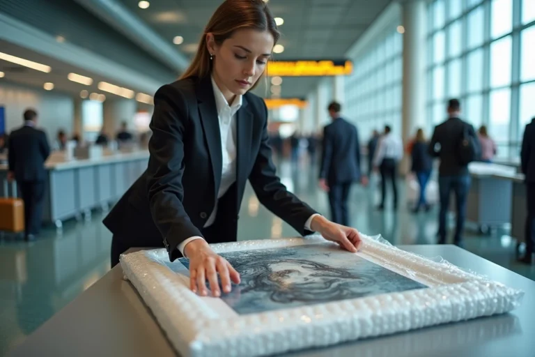 Femme professionnelle emballant une peinture à l'aéroport