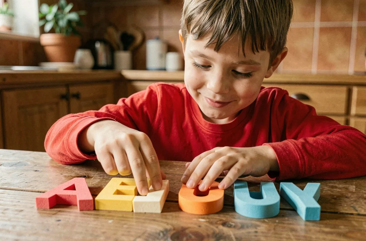 Enfant apprenant les voyelles A E I O U Y avec des lettres en mousse colorées sur une table en bois à la maison