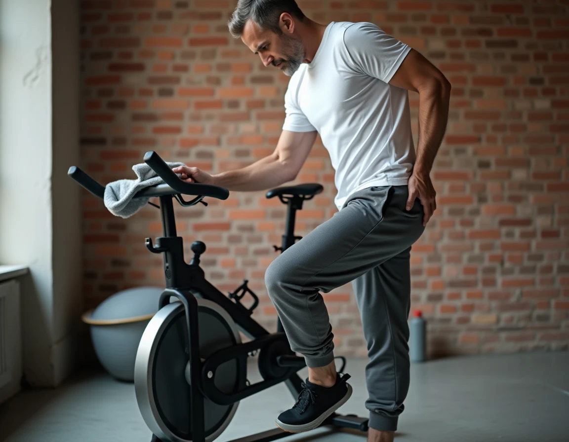 Homme s'étirant le quadriceps en appui sur un vélo d'appartement dans un appartement moderne après l'entraînement