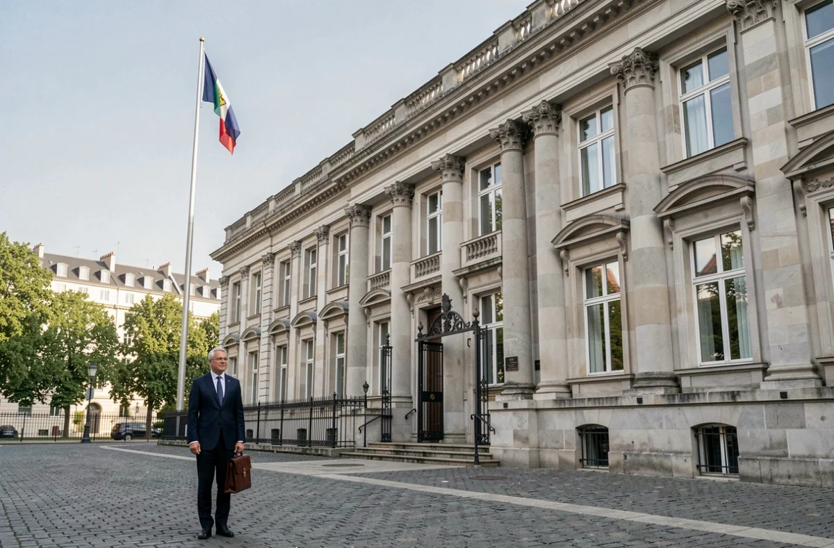 Façade imposante d'une ambassade avec diplomate en costume devant le portail d'entrée et drapeau national