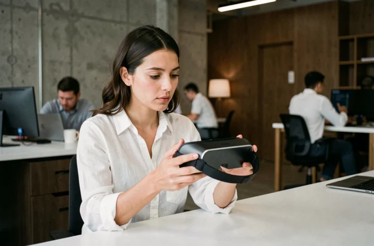 Une femme dans la trentaine examine un casque de réalité augmentée dans un bureau tech moderne aux murs en béton