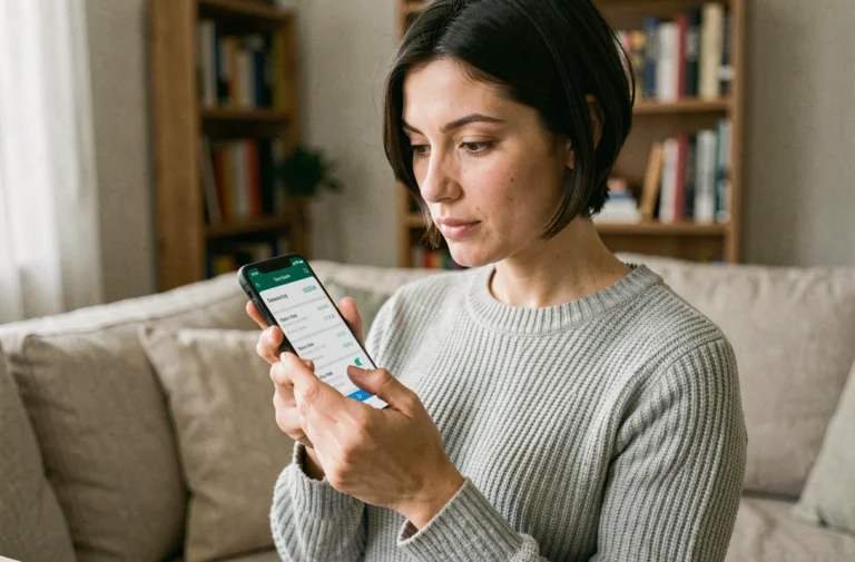 Femme consultant le solde de son forfait Lycamobile sur un smartphone Android dans son salon