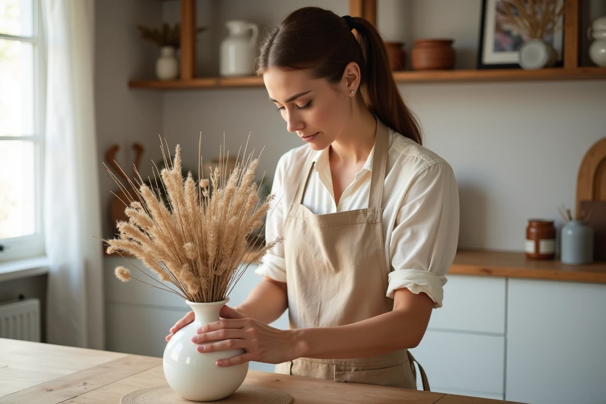 Femme arrangeant des fleurs séchées dans une cuisine moderne aux tons naturels et chaleureux