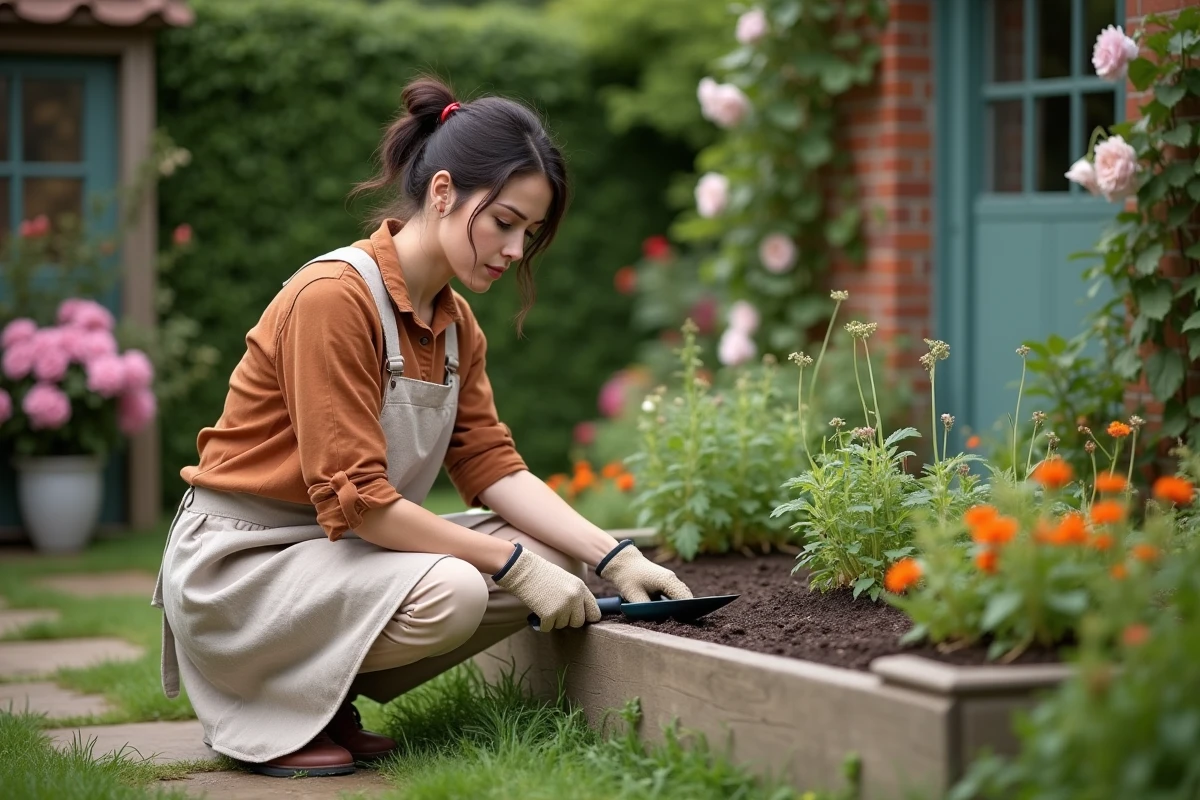 Femme jardinant dans un jardin de cottage anglais avec plates-bandes surélevées, rosiers grimpants et allées en pierre