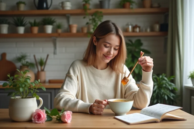 Femme versant du miel dans un bol dans une cuisine chaleureuse
