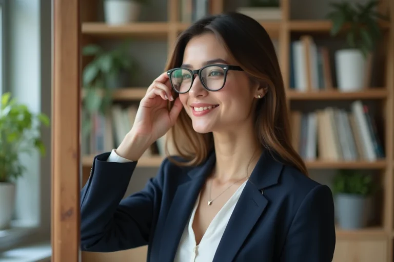 Femme élégante en blazer navy ajustant ses lunettes dans un bureau cosy