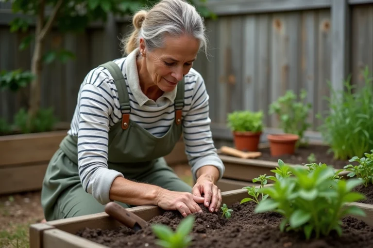 Femme débutante au jardinage plantant des semis dans un carré potager en bois, les mains dans la terre