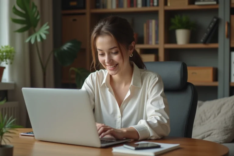 Femme au travail à domicile avec ordinateur et plantes