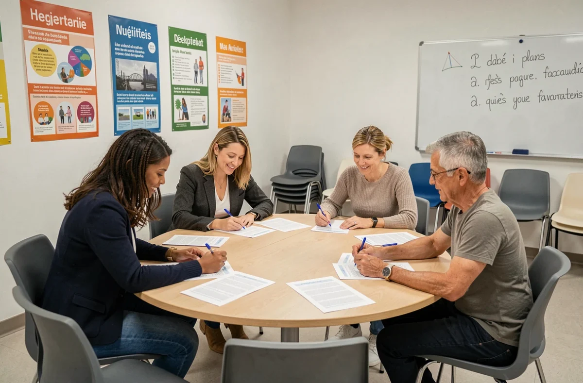 Un groupe d'adultes en atelier d'alphabétisation autour d'une table, travaillant ensemble sur des exercices d'écriture