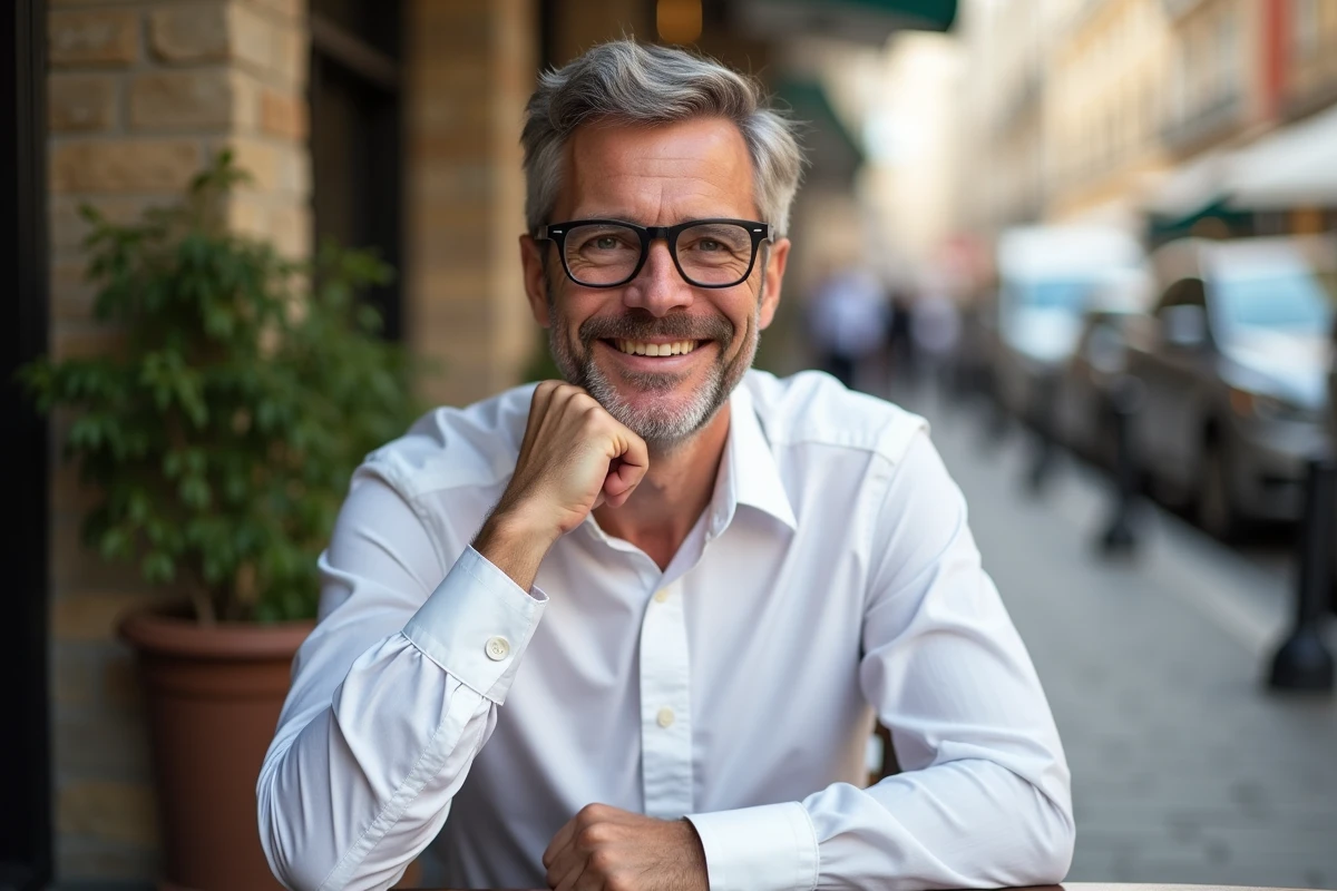 Homme souriant en chemise blanche dans un café urbain