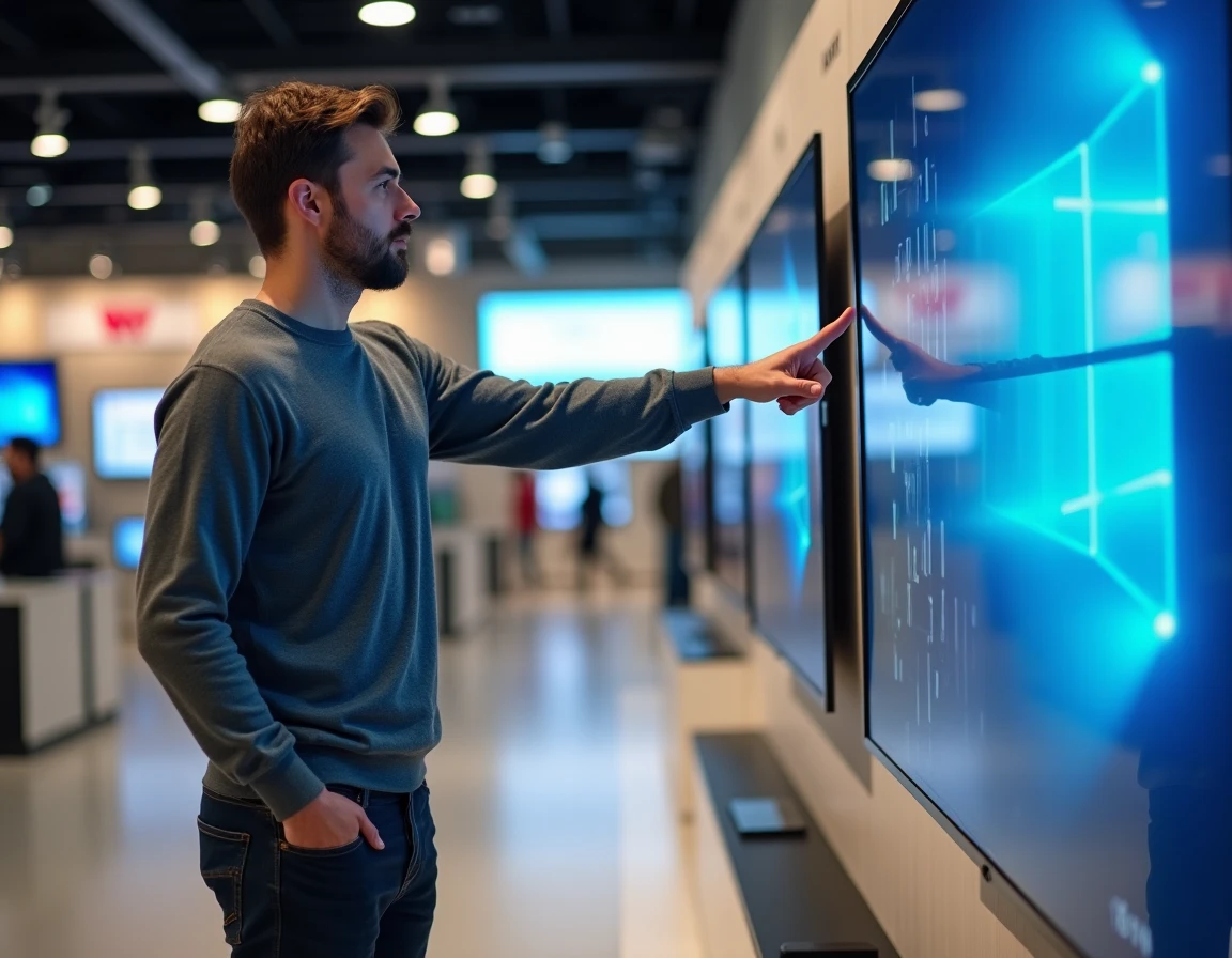 Homme comparant les technologies d'affichage ULED et QLED dans un magasin d'électronique