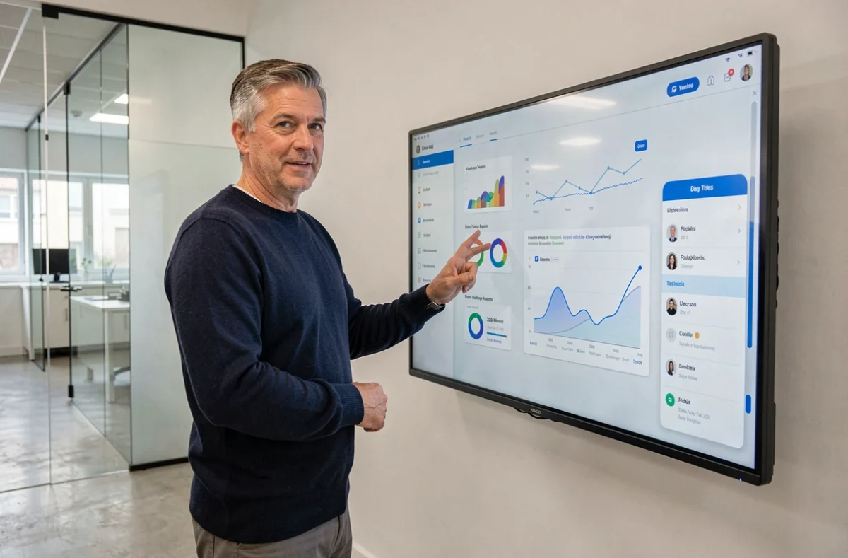 Un homme d'une quarantaine d'années interagit avec un grand écran tactile affichant des interfaces technologiques dans un laboratoire d'innovation
