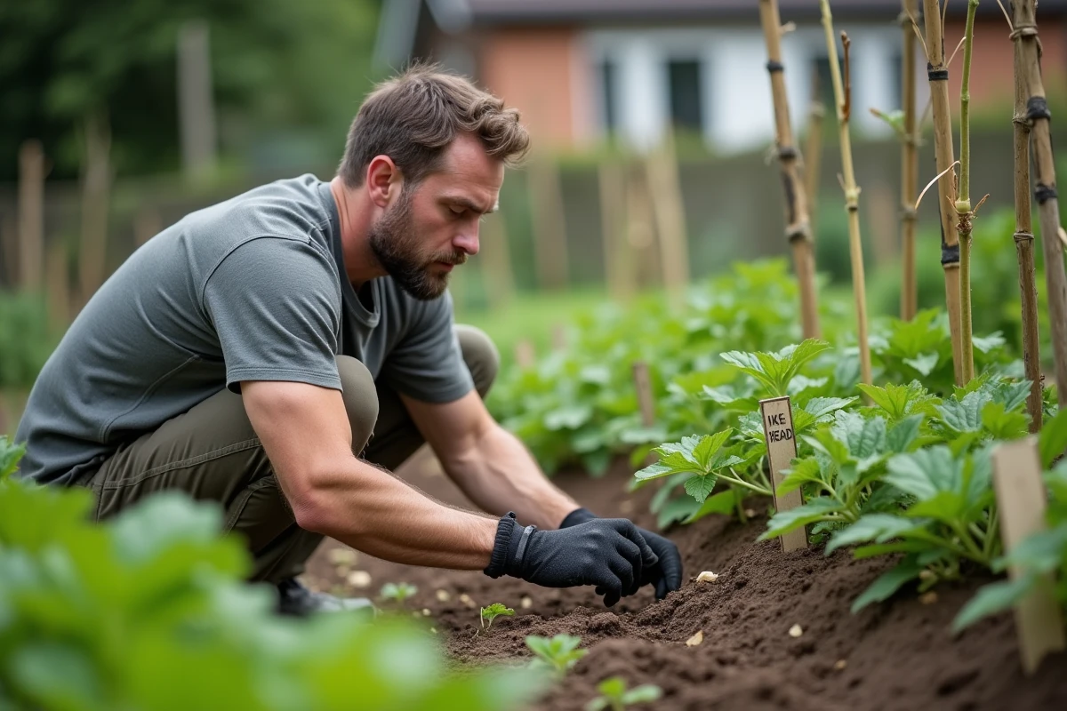 Homme débutant lisant les étiquettes de plants de courgettes dans un potager bien organisé avec tuteurs en bambou