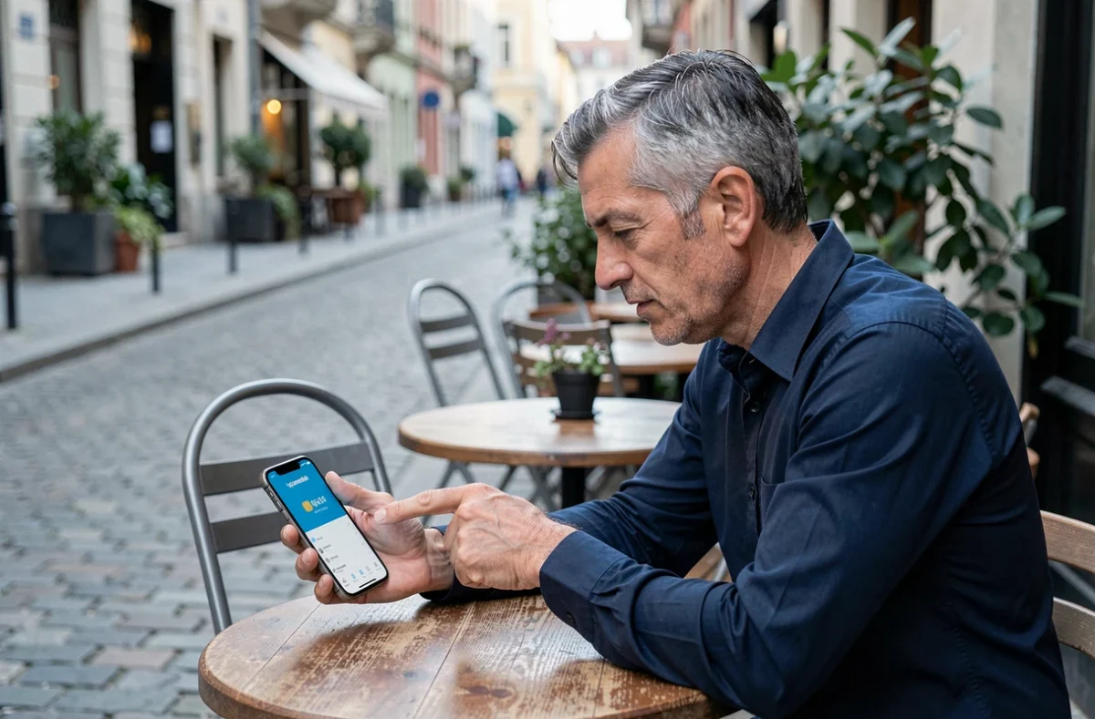 Homme vérifiant le solde Lycamobile sur son iPhone dans un café en terrasse