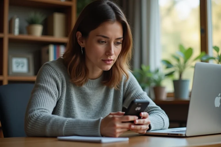 Femme consultant son smartphone pour identifier un numéro inconnu commençant par 09 dans un bureau à domicile