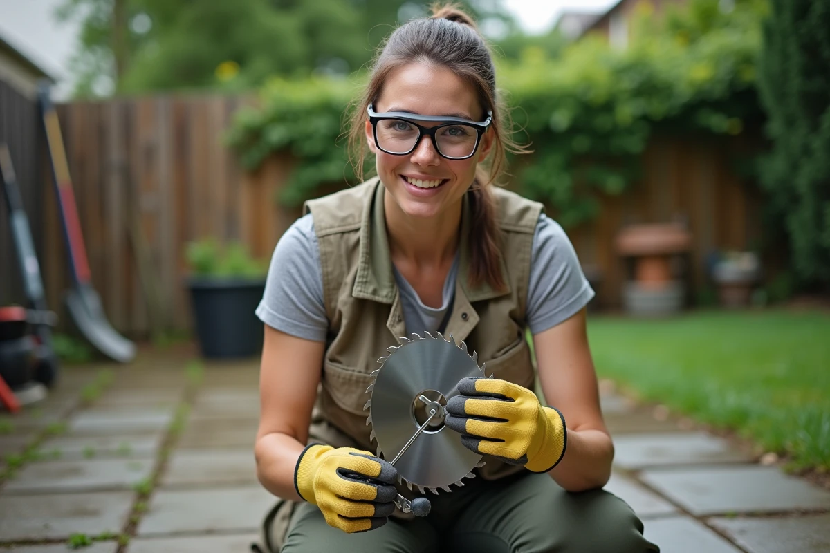 Femme examinant une lame de débroussailleuse détachée dans un jardin résidentiel avec des gants de protection