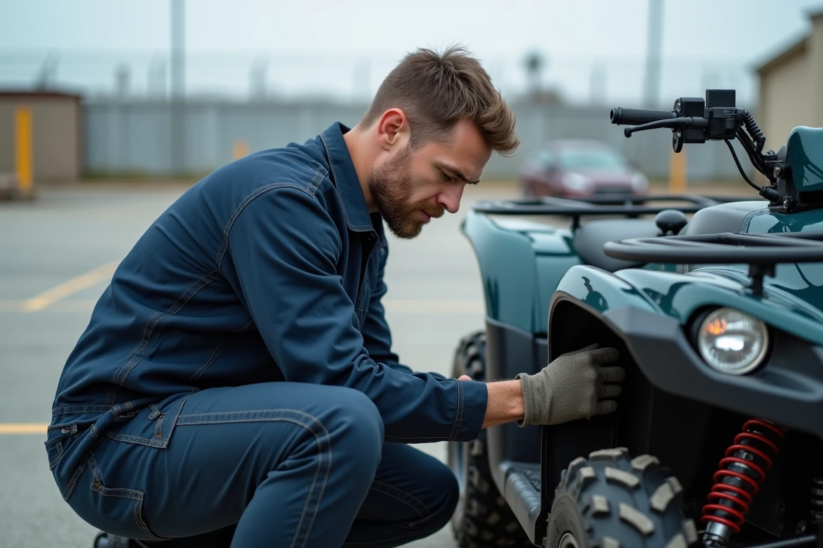 Mecanicien inspectant un quad en extérieur