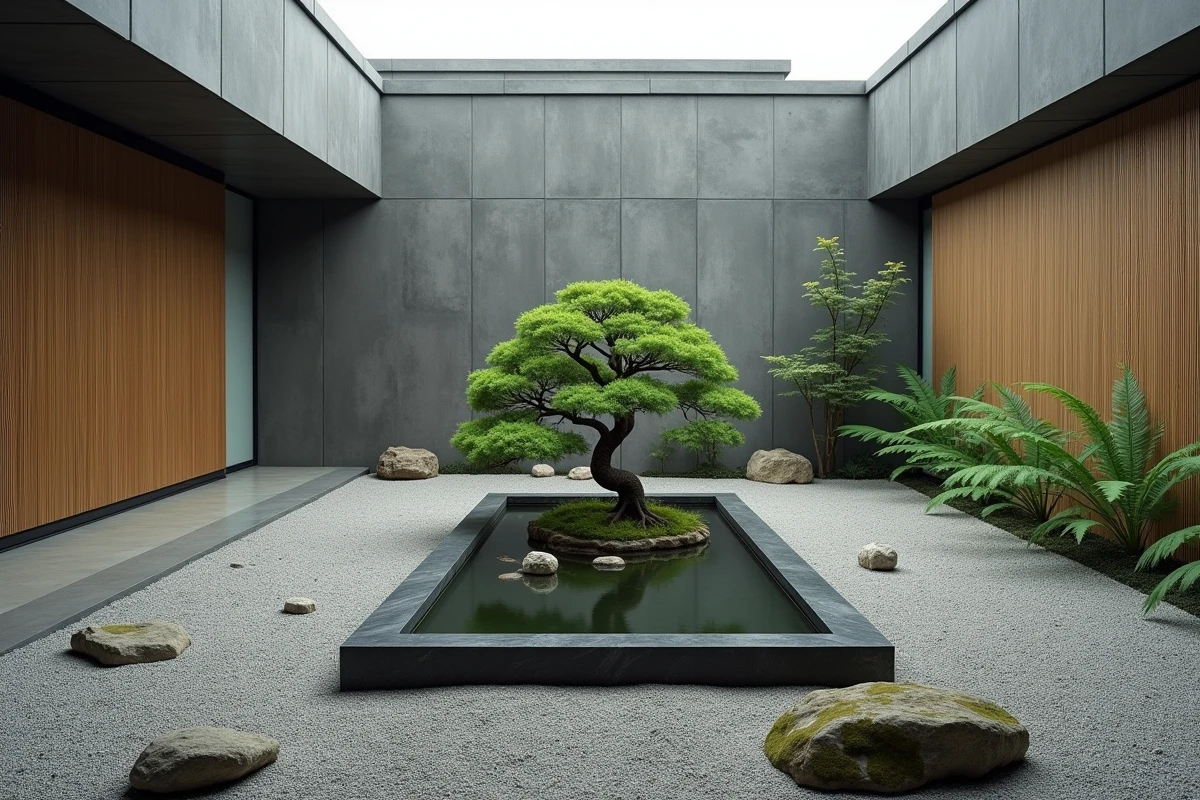 Jardin japonais minimaliste avec gravier ratissé, pierres de mousse, bassin en granit et érable bonsaï, tendance zen