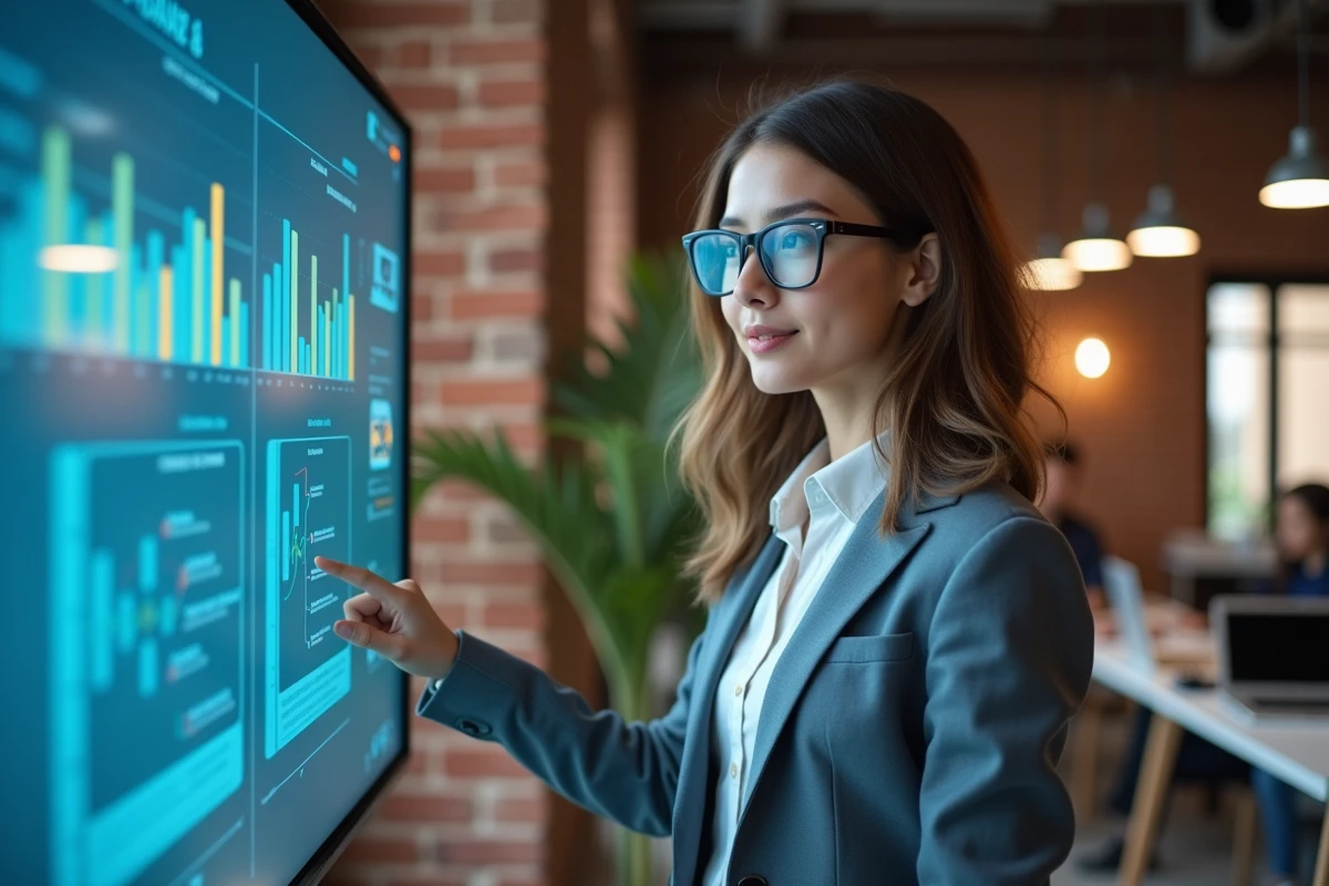 Jeune femme tech présentant un tableau de bord numérique