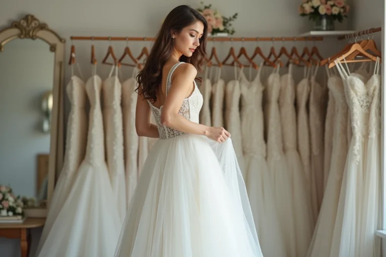 Jeune femme en robe de mariée dans une boutique élégante