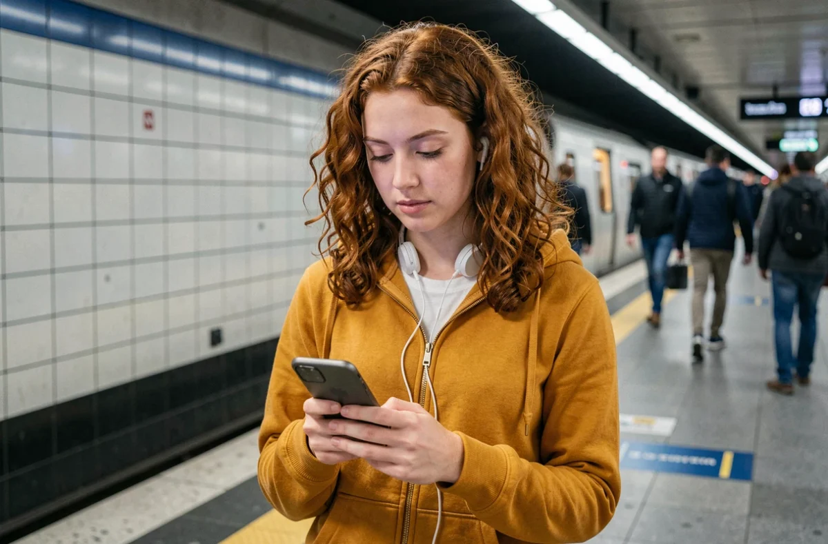 Jeune femme consultant son solde Lycamobile sur smartphone dans une station de métro
