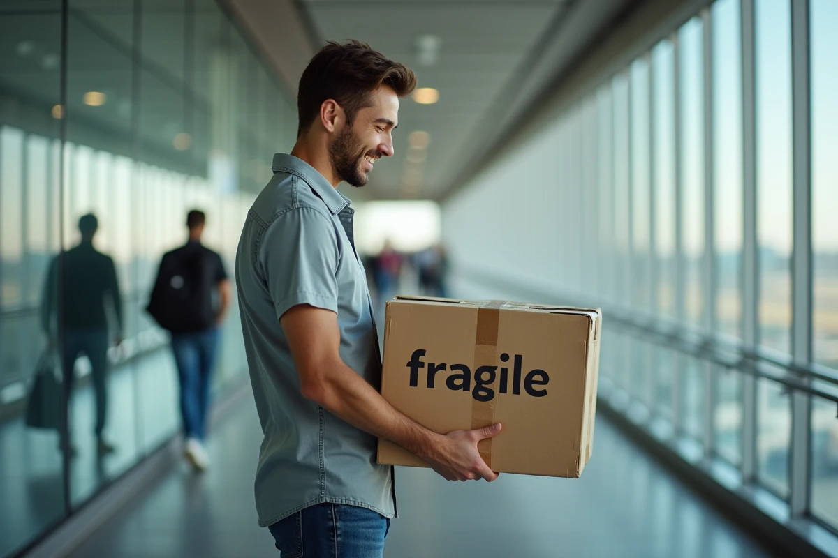 Jeune homme tenant un colis fragile à la porte d