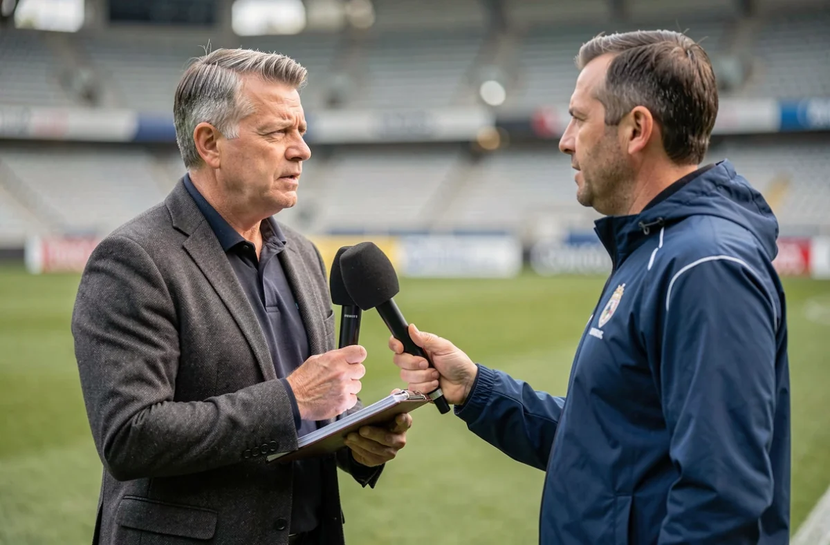 Journaliste sportif interviewant un entraîneur de football local en bord de terrain dans un stade régional
