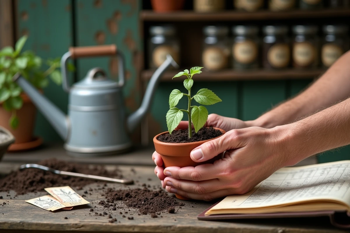 Mains expérimentées tenant un plant de tomate en pot sur un établi de jardin avec carnets de jardinage et sachets de graines