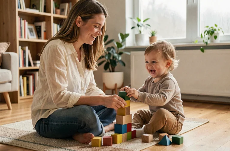 Mère et enfant en bas âge jouant ensemble sur le sol d'un salon chaleureux, renforçant leur lien affectif au quotidien