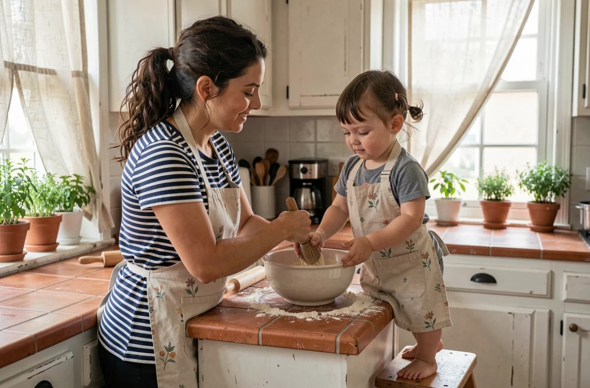 Mère et fille cuisinant ensemble dans une cuisine authentique, créant un moment de complicité et de lien maternel