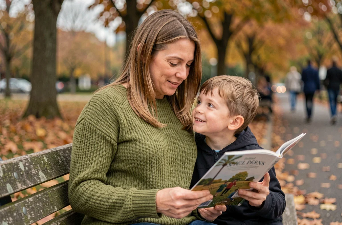 Mère lisant un livre illustré à son enfant sur un banc de parc en automne, moment de tendresse et d'éveil partagé