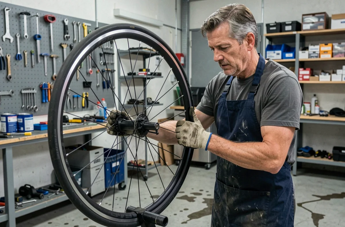 Mécanicien de vélo ajustant une roue moderne dans un atelier de réparation urbain